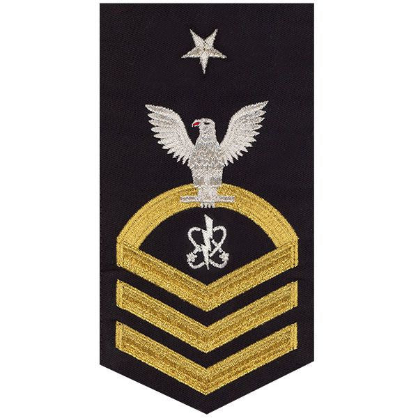 Navy E8 MALE Rating Badge: Electronics Warfare Technician - seaworthy gold on blue