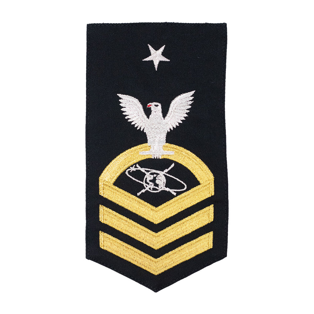 Navy E8 MALE Rating Badge: MC Mass Communication Specialist - seaworthy gold on blue