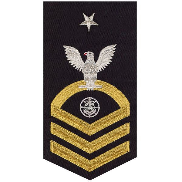 Navy E8 MALE Rating Badge: Religious Programs Specialist - seaworthy gold on blue