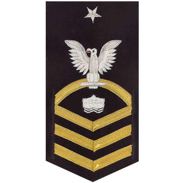 Navy E8 MALE Rating Badge: Mineman - vanchief on blue