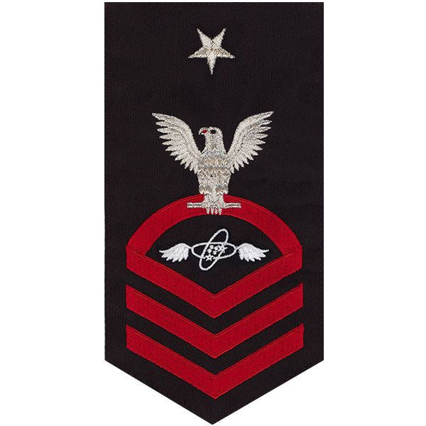 Navy E8 MALE Rating Badge: Aviation Electronics Technician - seaworthy red on blue