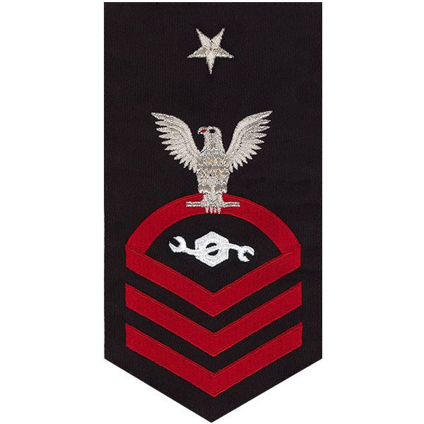 Navy E8 MALE Rating Badge: Construction Mechanic - seaworthy red on blue