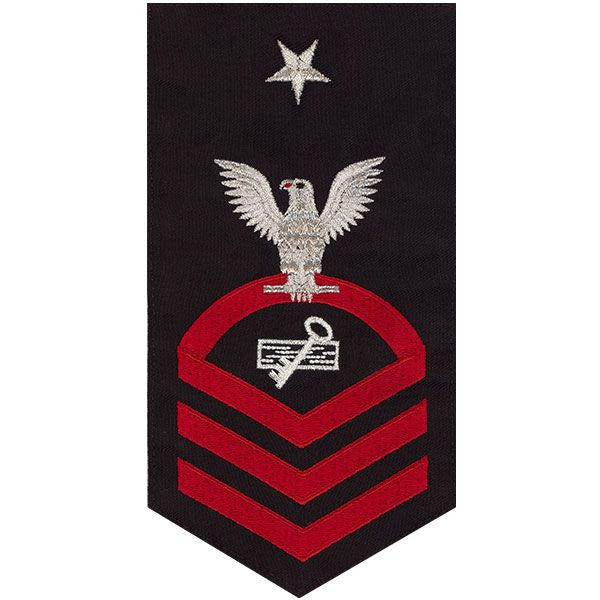 Navy E8 MALE Rating Badge: Disbursing Clerk - seaworthy red on blue