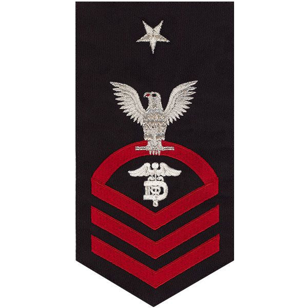 Navy E8 MALE Rating Badge: Dental Technician - seaworthy red on blue