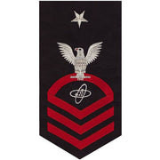 Navy E8 MALE Rating Badge: Electronics Technician - seaworthy red on blue