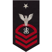 Navy E8 MALE Rating Badge: Electronics Warfare Technician - seaworthy red on blue