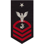 Navy E8 MALE Rating Badge: Navy Counselor - seaworthy red on blue