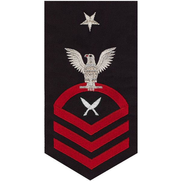 Navy E8 MALE Rating Badge: Yeoman - seaworthy red on blue