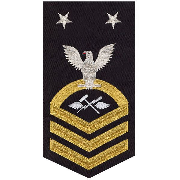 Navy E9 MALE Rating Badge: Aviation Support Equipment Technician - seaworthy gold on blue
