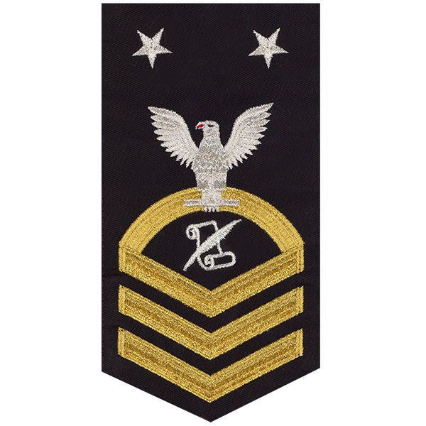 Navy E9 MALE Rating Badge: Journalist - seaworthy gold on blue
