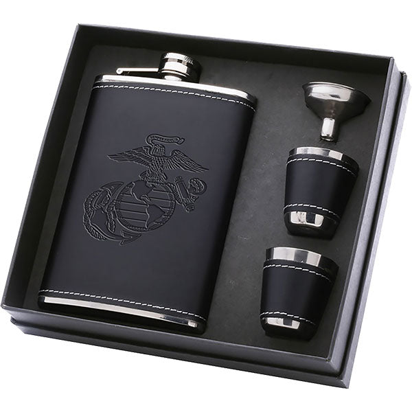 Marine Corps Black Debossed Leather Flask Set with two shot glasses