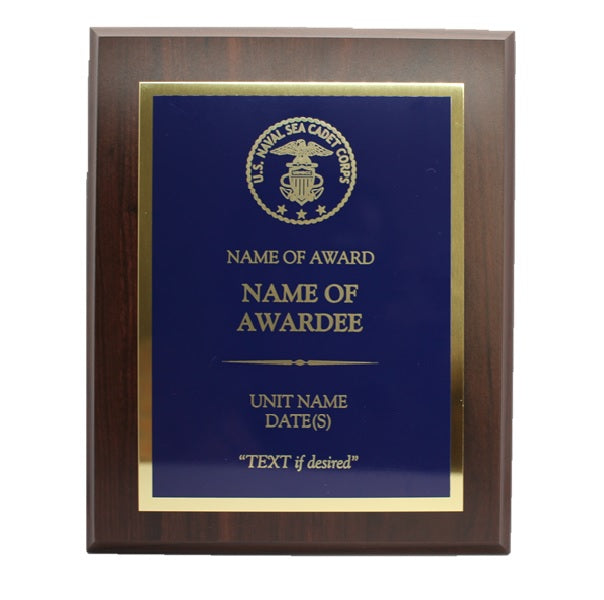 USNSCC Plaque: Blue plate mounted on Cherry wood - engraving plate