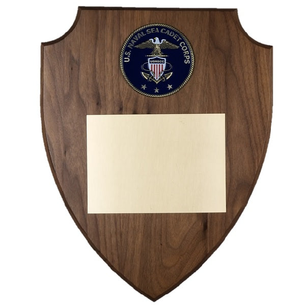 Sea Cadet Plaque: Shield Shaped Walnut with Metal Seal & Engraving Plate