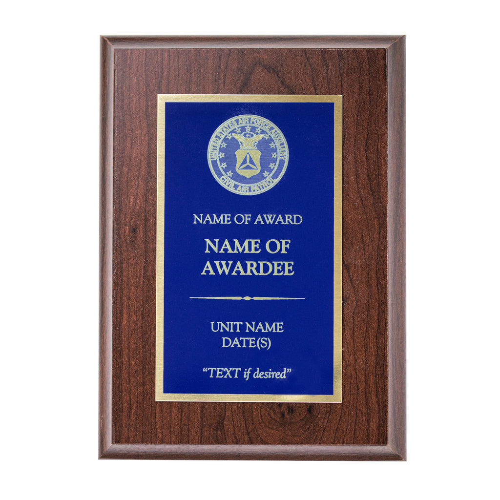 CAP Plaque: Blue plate mounted on Cherry wood - engraving plate