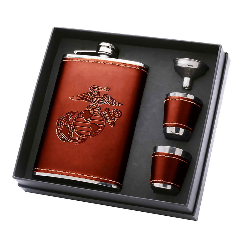 Marine Corps Brown Debossed Leather Flask Set with two shot glasses