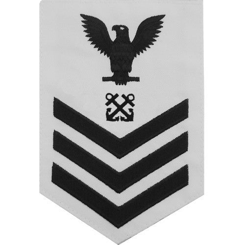 Navy E6 MALE Rating Badge: Boatswain's Mate - blue chevrons on white CNT